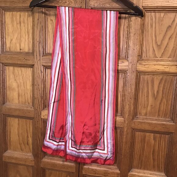 Vintage Oscar De La Renta Signed Silk Scarf for Accessory St. Red Striped Border - Picture 3 of 8